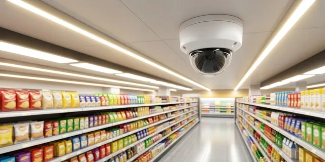 Bewakingscamera aan het plafond van een supermarkt